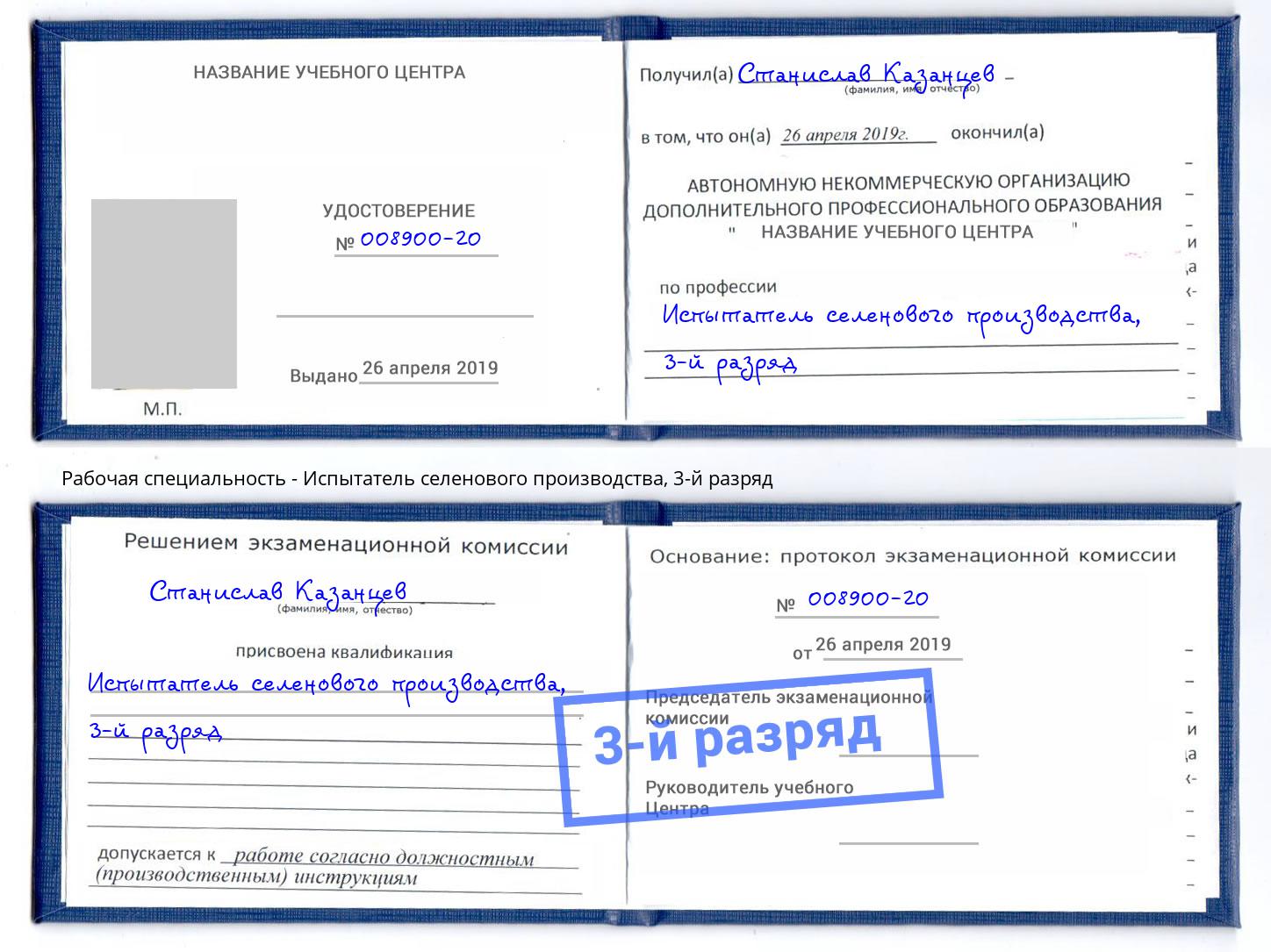 корочка 3-й разряд Испытатель селенового производства Инта