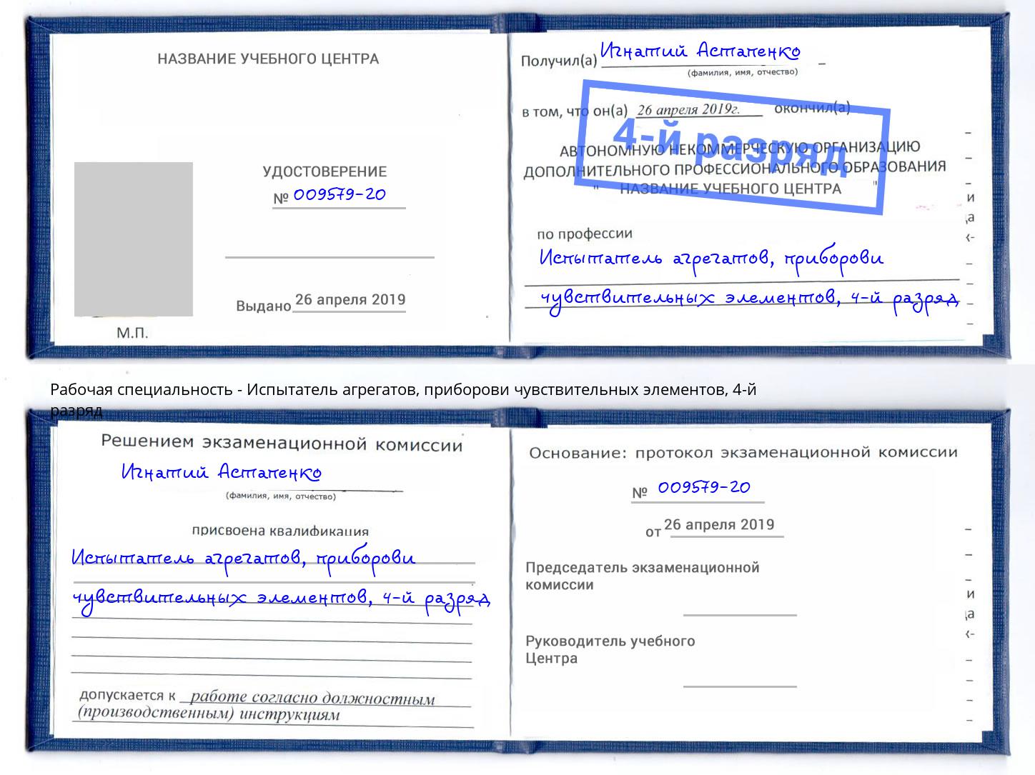 корочка 4-й разряд Испытатель агрегатов, приборови чувствительных элементов Инта