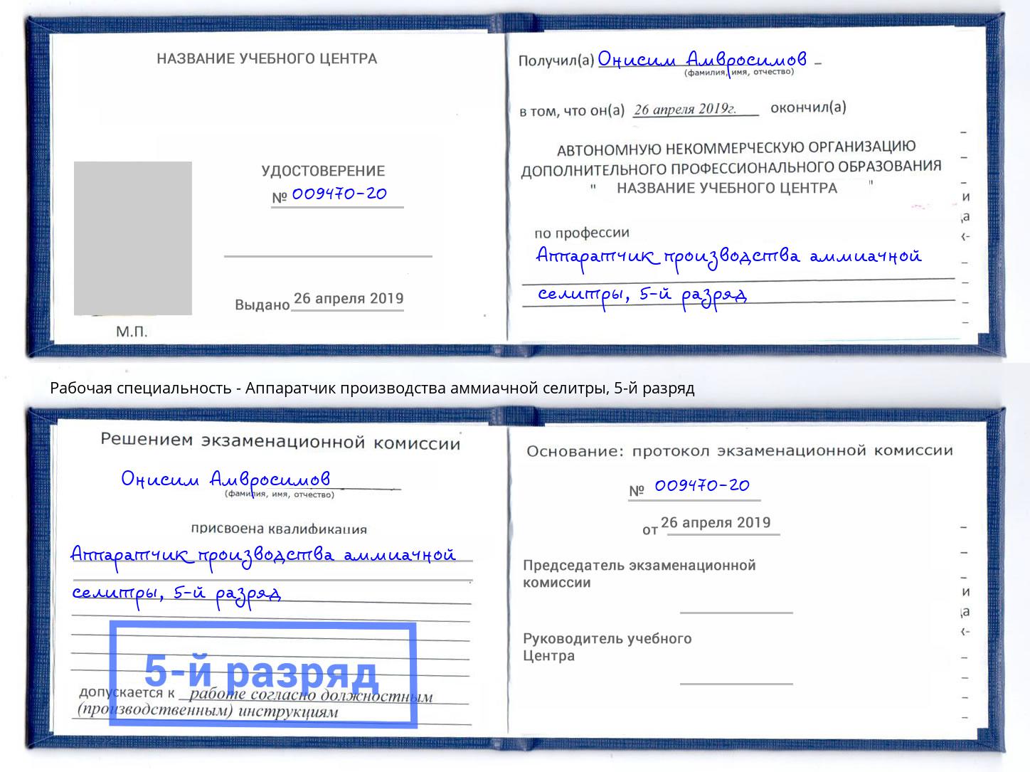 корочка 5-й разряд Аппаратчик производства аммиачной селитры Инта