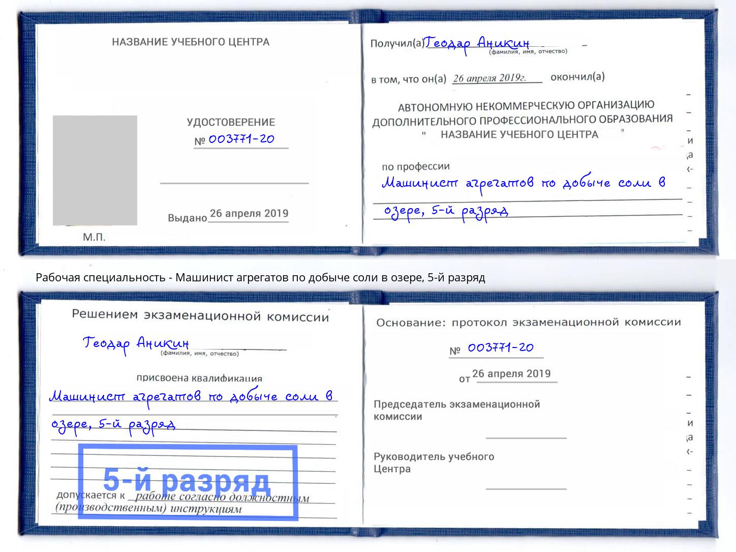 корочка 5-й разряд Машинист агрегатов по добыче соли в озере Инта