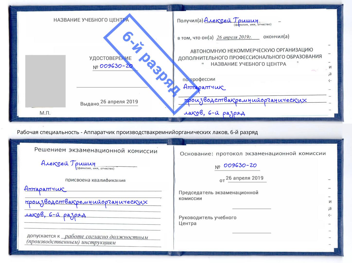 корочка 6-й разряд Аппаратчик производствакремнийорганических лаков Инта