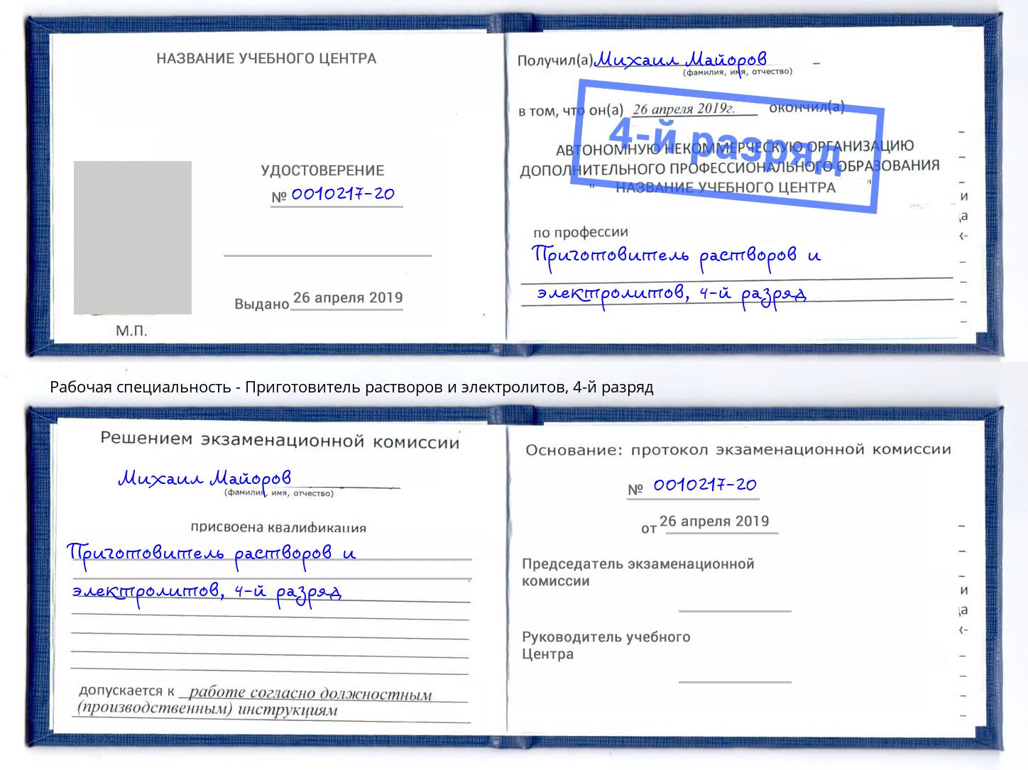 корочка 4-й разряд Приготовитель растворов и электролитов Инта