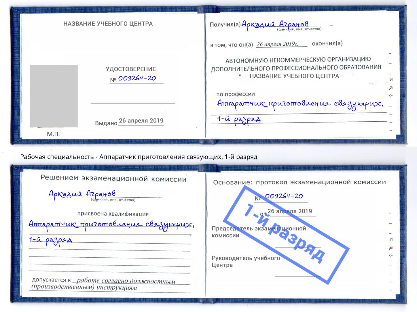 корочка 1-й разряд Аппаратчик приготовления связующих Инта
