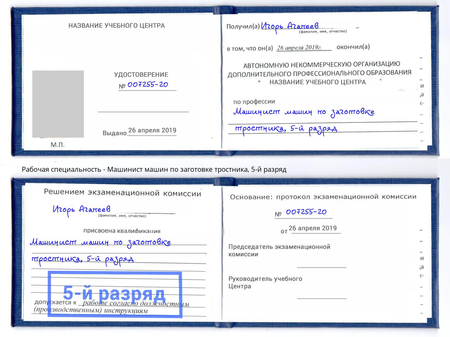 корочка 5-й разряд Машинист машин по заготовке тростника Инта