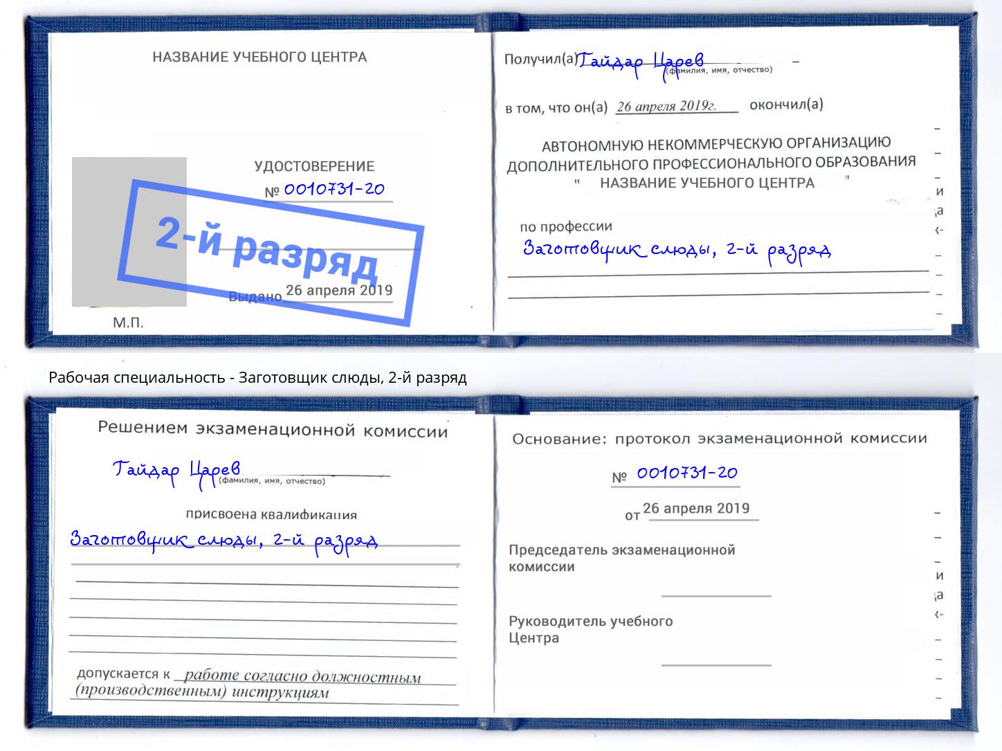корочка 2-й разряд Заготовщик слюды Инта