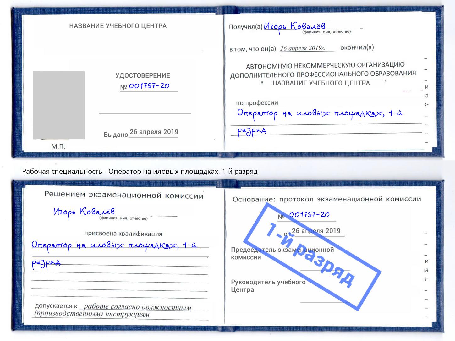 корочка 1-й разряд Оператор на иловых площадках Инта