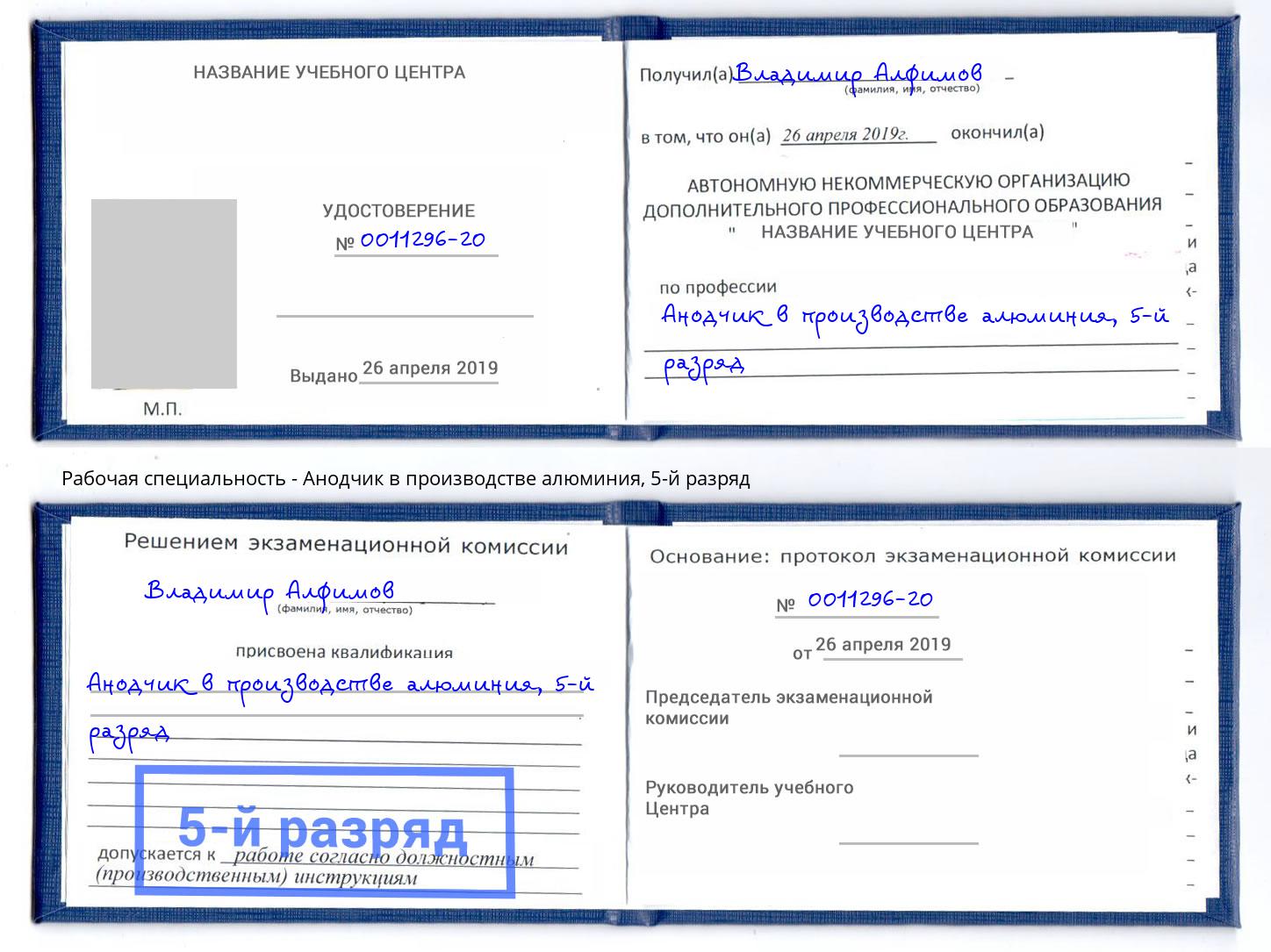 корочка 5-й разряд Анодчик в производстве алюминия Инта