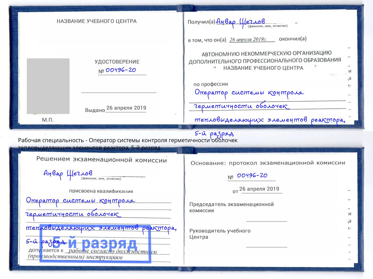 корочка 5-й разряд Оператор системы контроля герметичности оболочек тепловыделяющих элементов реактора Инта