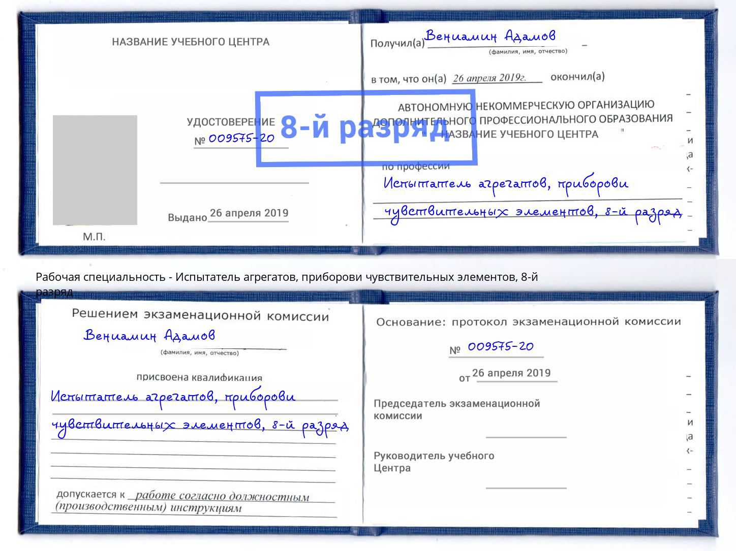 корочка 8-й разряд Испытатель агрегатов, приборови чувствительных элементов Инта